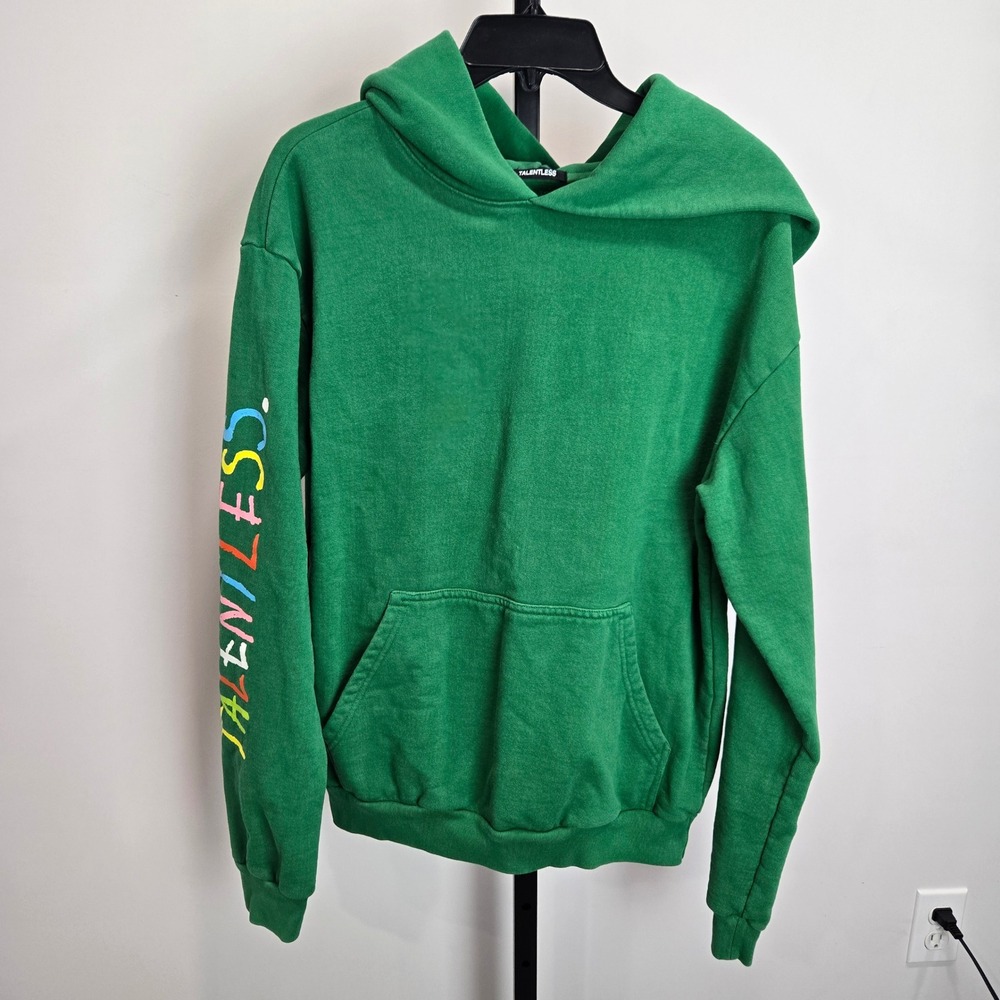 TALENTLESS Mens Green Hoodie Sweatshirt Rainbow Logo Heavyweight Pullover S Rare